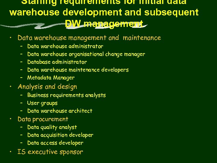 Staffing requirements for initial data warehouse development and subsequent DW management • Data warehouse