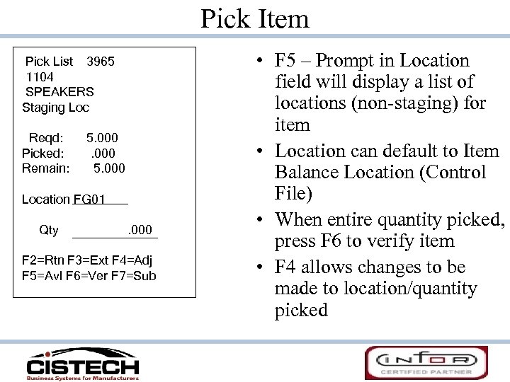 Pick Item Pick List 3965 1104 SPEAKERS Staging Loc Reqd: Picked: Remain: 5. 000