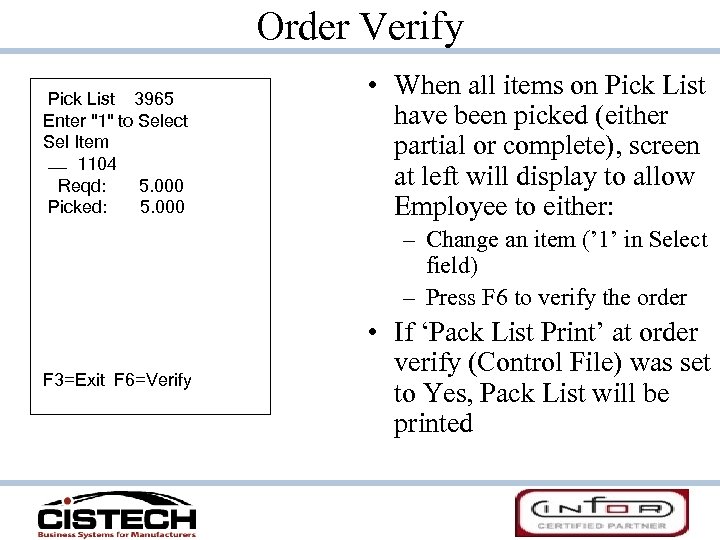 Order Verify Pick List 3965 Enter 