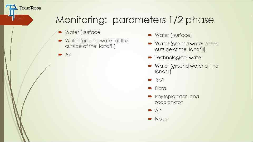 Monitoring: parameters 1/2 phase Water ( surface) Water (ground water at the outside of