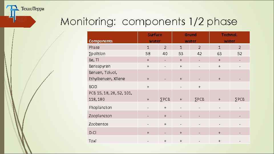 Monitoring: components 1/2 phase Components Phase ∑polition Be, Tl Bensapyren Benzen, Toluol, Ethylbenzen, Xilene