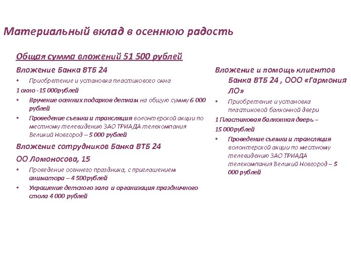 Материальный вклад в осеннюю радость Общая сумма вложений 51 500 рублей Вложение Банка ВТБ