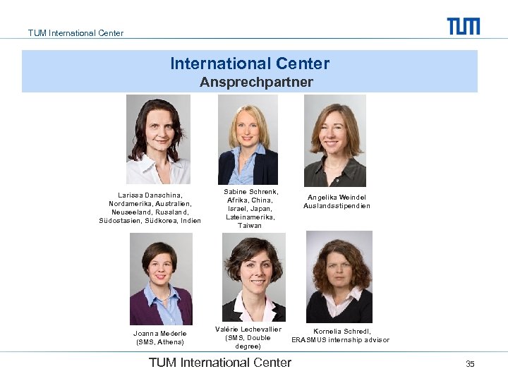 TUM International Center Ansprechpartner Larissa Danschina, Nordamerika, Australien, Neuseeland, Russland, Südostasien, Südkorea, Indien Joanna