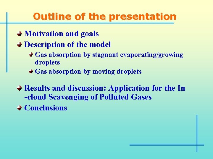 Outline of the presentation Motivation and goals Description of the model Gas absorption by