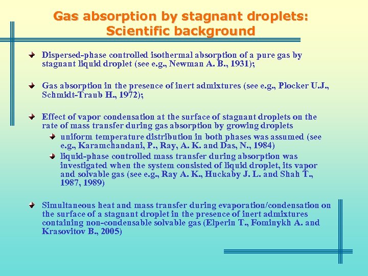 Gas absorption by stagnant droplets: Scientific background Dispersed-phase controlled isothermal absorption of a pure