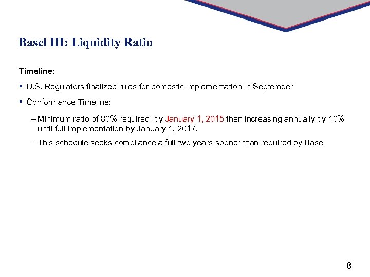 Basel III: Liquidity Ratio Timeline: § U. S. Regulators finalized rules for domestic implementation