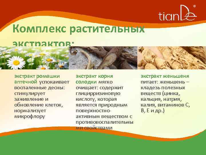 Комплекс растительных экстрактов: экстракт ромашки аптечной успокаивает воспаленные десны: стимулирует заживление и обновление клеток,