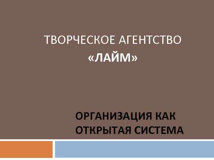 ТВОРЧЕСКОЕ АГЕНТСТВО «ЛАЙМ» ОРГАНИЗАЦИЯ КАК ОТКРЫТАЯ СИСТЕМА 