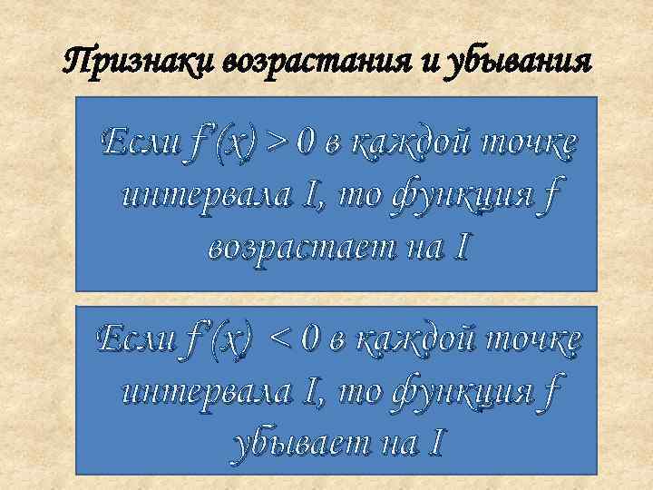 Признаки возрастания и убывания Если f’(x) > 0 в каждой точке интервала I, то