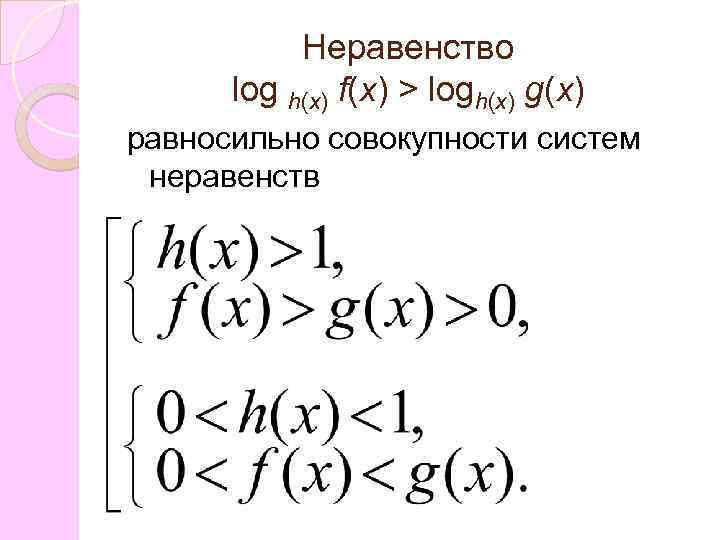 Неравенство log h(x) f(x) > logh(x) g(x) равносильно совокупности систем неравенств 