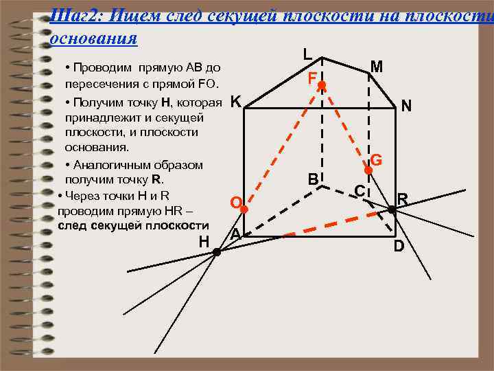 Шаг 2: Ищем след секущей плоскости на плоскости основания • Проводим прямую АВ до
