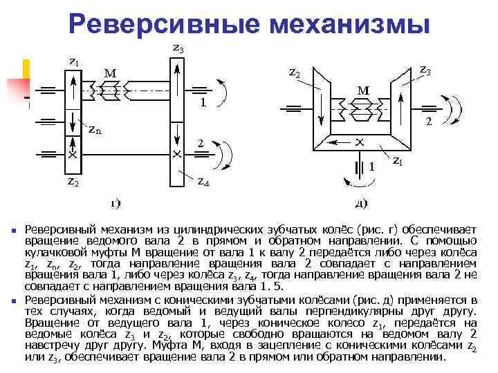 Реверсивные механизмы n n Реверсивный механизм из цилиндрических зубчатых колёс (рис. г) обеспечивает вращение