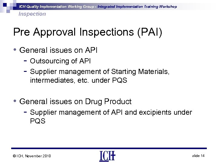 ICH Quality Implementation Working Group - Integrated Implementation Training Workshop Inspection Pre Approval Inspections