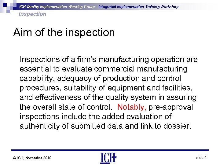 ICH Quality Implementation Working Group - Integrated Implementation Training Workshop Inspection Aim of the