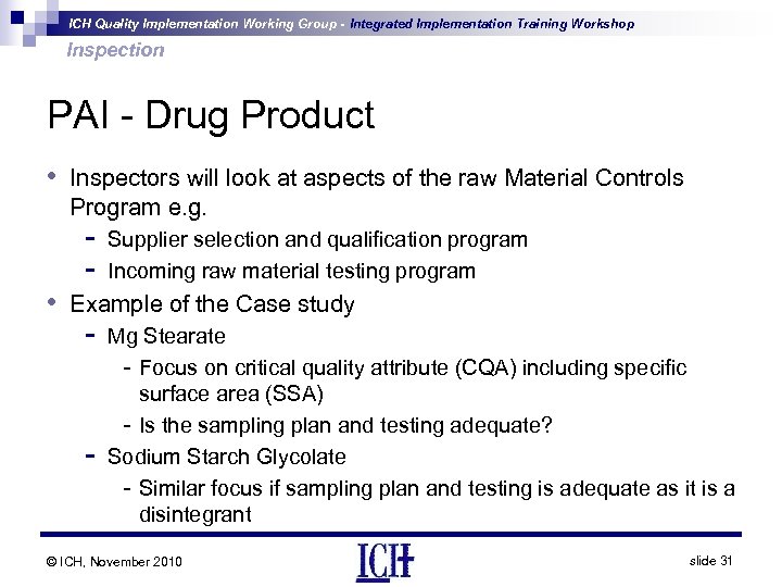 ICH Quality Implementation Working Group - Integrated Implementation Training Workshop Inspection PAI - Drug