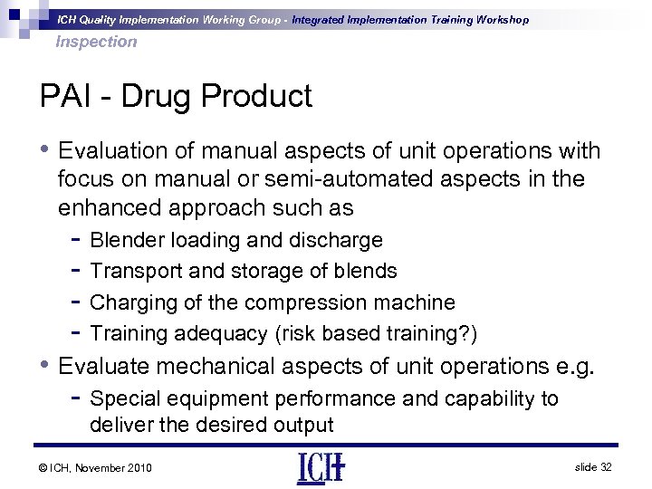 ICH Quality Implementation Working Group - Integrated Implementation Training Workshop Inspection PAI - Drug