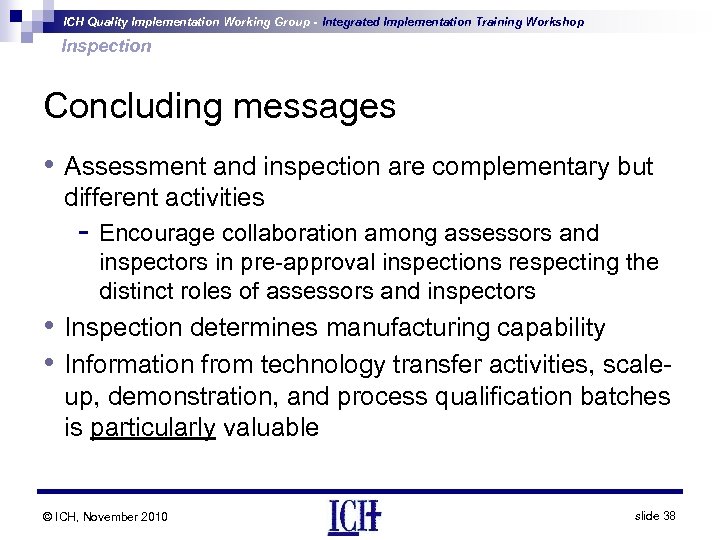 ICH Quality Implementation Working Group - Integrated Implementation Training Workshop Inspection Concluding messages •