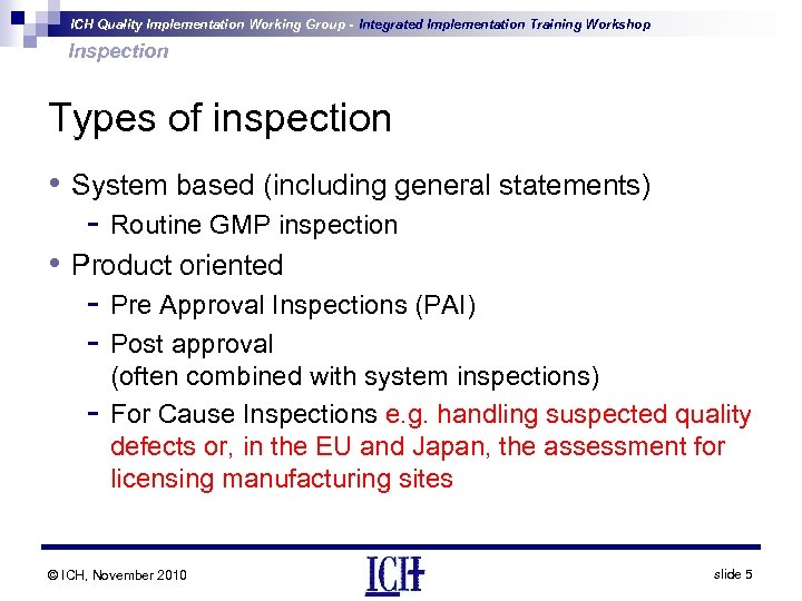 ICH Quality Implementation Working Group - Integrated Implementation Training Workshop Inspection Types of inspection