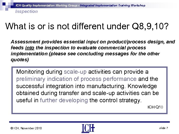 ICH Quality Implementation Working Group - Integrated Implementation Training Workshop Inspection What is or