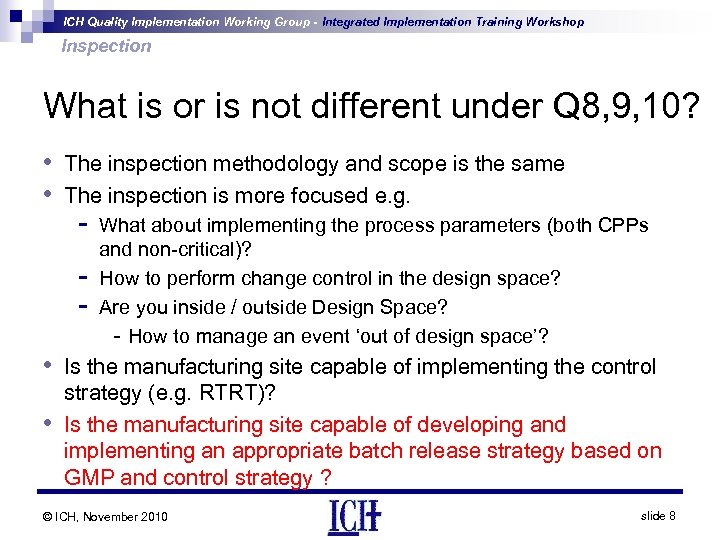 ICH Quality Implementation Working Group - Integrated Implementation Training Workshop Inspection What is or
