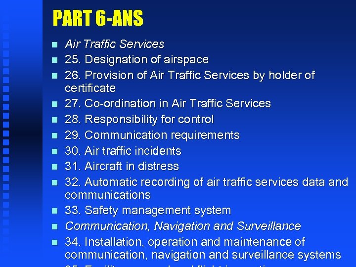 PART 6 -ANS n n n Air Traffic Services 25. Designation of airspace 26.