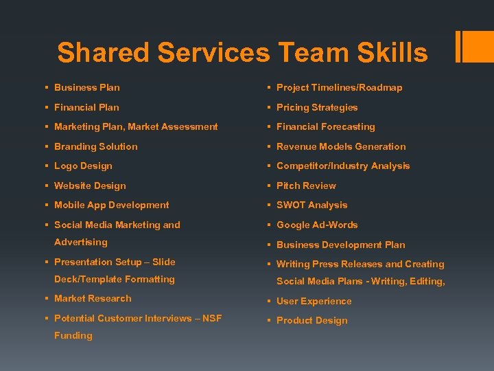 Shared Services Team Skills § Business Plan § Project Timelines/Roadmap § Financial Plan §