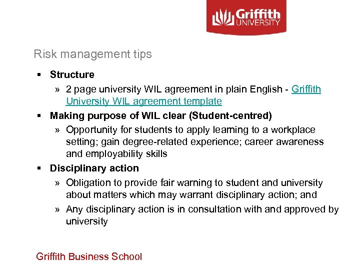 Risk management tips § Structure » 2 page university WIL agreement in plain English
