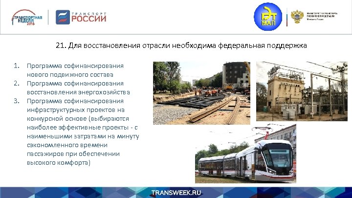21. Для восстановления отрасли необходима федеральная поддержка 1. Программа софинансирования нового подвижного состава 2.