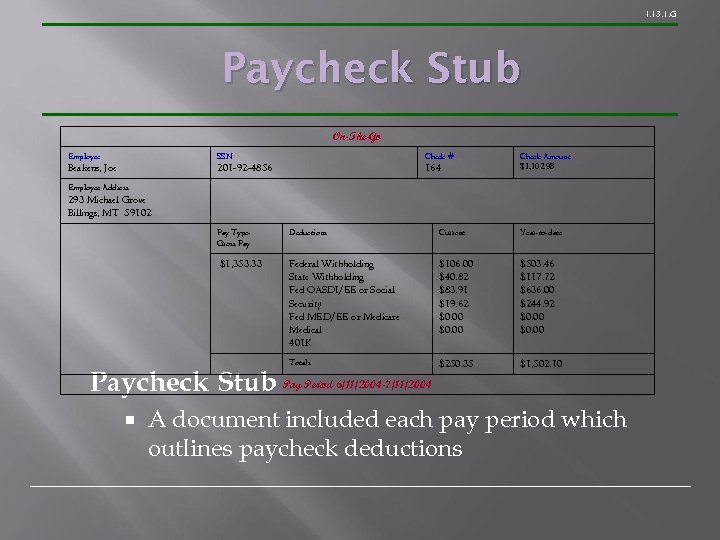 1. 13. 1. G Paycheck Stub On-The-Go Employee SSN Check # Beakens, Joe 201