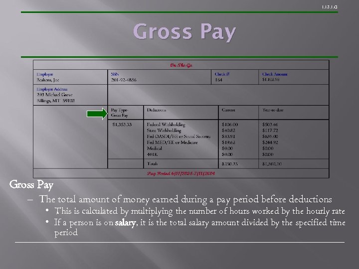 1. 13. 1. G Gross Pay – The total amount of money earned during