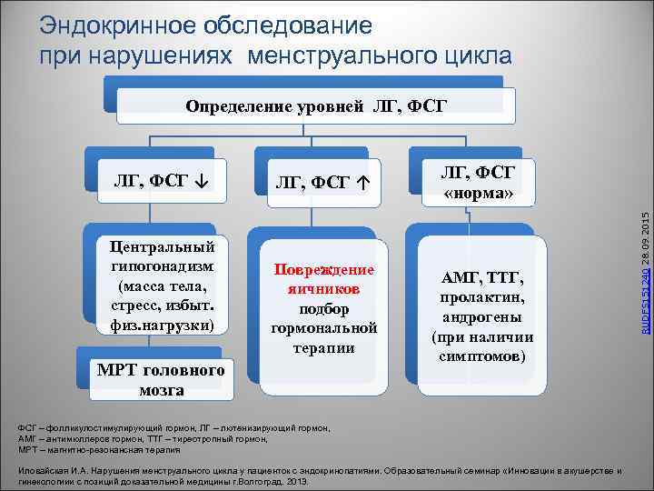 Эндокринное обследование при нарушениях менструального цикла Определение уровней ЛГ, ФСГ Центральный гипогонадизм (масса тела,