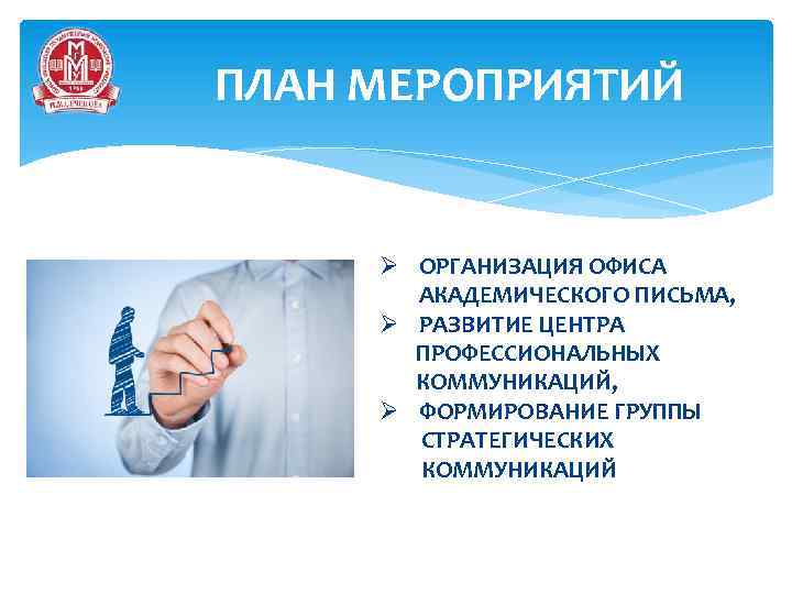 ПЛАН МЕРОПРИЯТИЙ Ø ОРГАНИЗАЦИЯ ОФИСА АКАДЕМИЧЕСКОГО ПИСЬМА, Ø РАЗВИТИЕ ЦЕНТРА ПРОФЕССИОНАЛЬНЫХ КОММУНИКАЦИЙ, Ø ФОРМИРОВАНИЕ