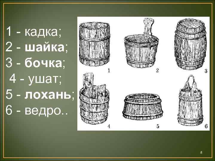 1 - кадка; 2 - шайка; 3 - бочка; 4 - ушат; 5 -