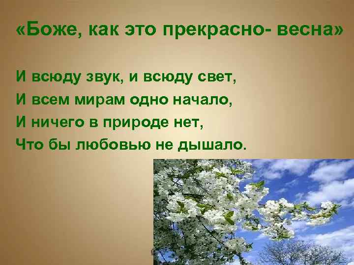  «Боже, как это прекрасно- весна» И всюду звук, и всюду свет, И всем