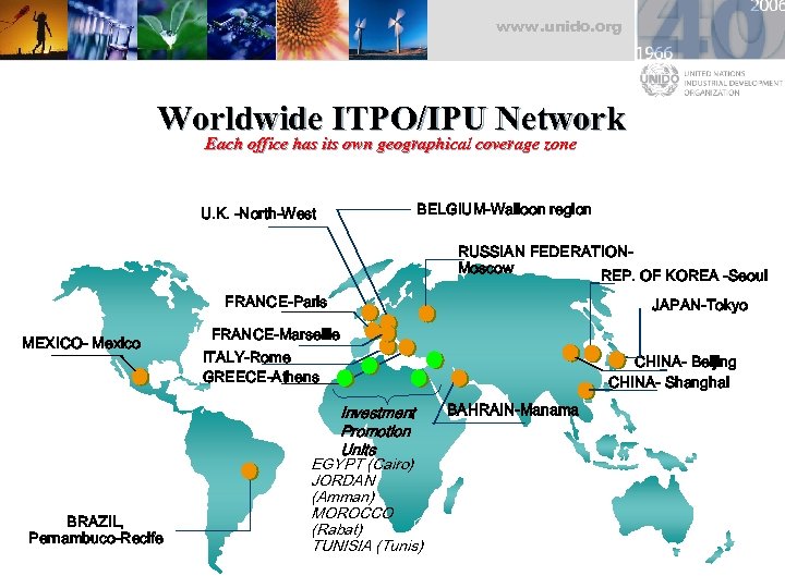 www. unido. org Worldwide ITPO/IPU Network Each office has its own geographical coverage zone