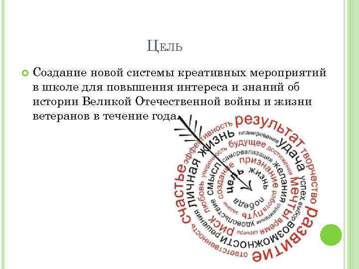 ЦЕЛЬ Создание новой системы креативных мероприятий в школе для повышения интереса и знаний об