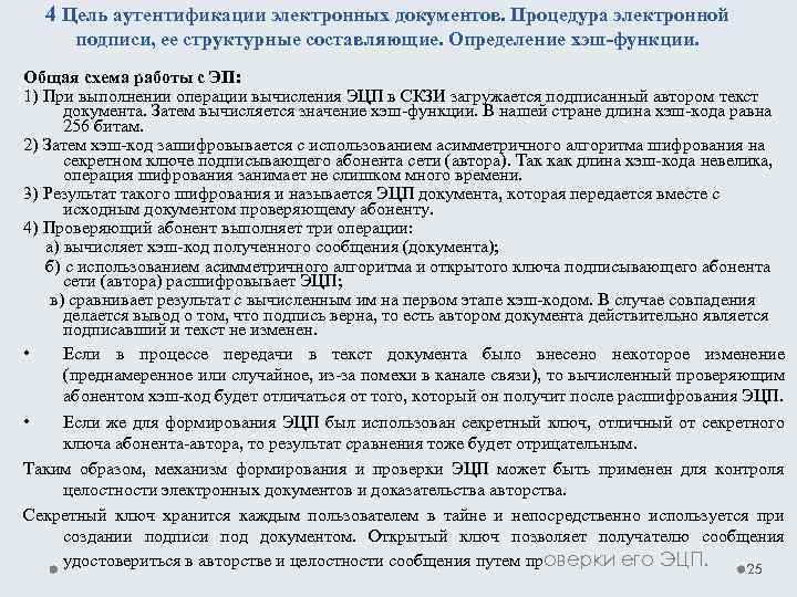 4 Цель аутентификации электронных документов. Процедура электронной подписи, ее структурные составляющие. Определение хэш-функции. Общая