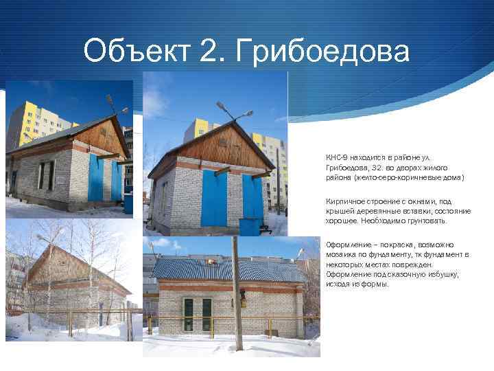 Объект 2. Грибоедова КНС-9 находится в районе ул. Грибоедова, 32. во дворах жилого района