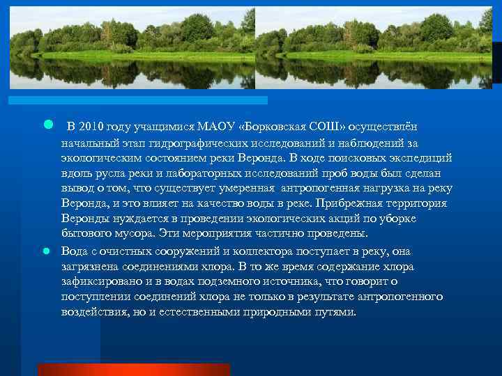 l В 2010 году учащимися МАОУ «Борковская СОШ» осуществлён начальный этап гидрографических исследований и