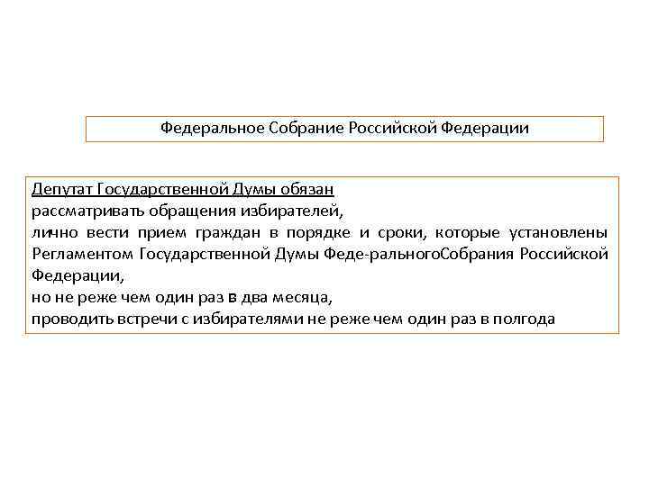 Федеральное Собрание Российской Федерации Депутат Государственной Думы обязан рассматривать обращения избирателей, лично вести прием