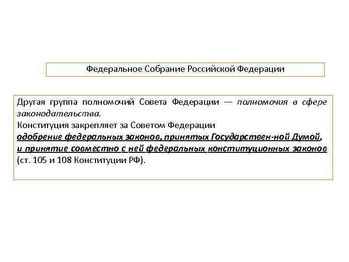 Федеральное Собрание Российской Федерации Другая группа полномочий Совета Федерации — полномочия в сфере законодательства.