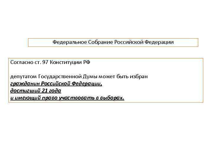 Федеральное Собрание Российской Федерации Согласно ст. 97 Конституции РФ депутатом Государственной Думы может быть