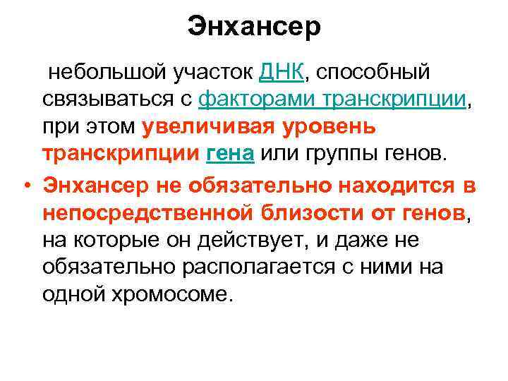 Энхансер небольшой участок ДНК, способный связываться с факторами транскрипции, при этом увеличивая уровень транскрипции