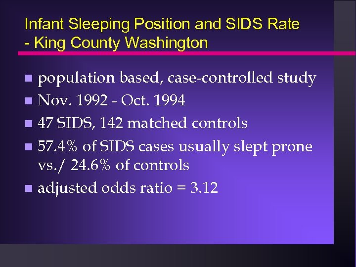 Infant Sleeping Position and SIDS Rate - King County Washington population based, case-controlled study