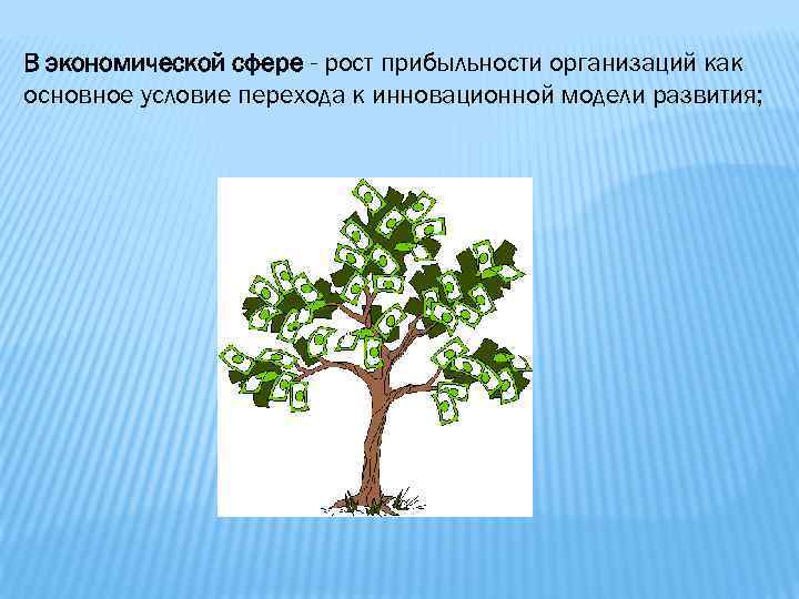 В экономической сфере - рост прибыльности организаций как основное условие перехода к инновационной модели