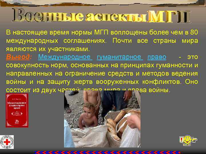 В настоящее время нормы МГП воплощены более чем в 80 международных соглашениях. Почти все