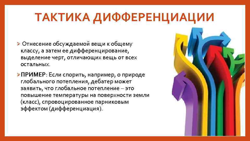 ТАКТИКА ДИФФЕРЕНЦИАЦИИ Ø Отнесение обсуждаемой вещи к общему классу, а затем ее дифференцирование, выделение