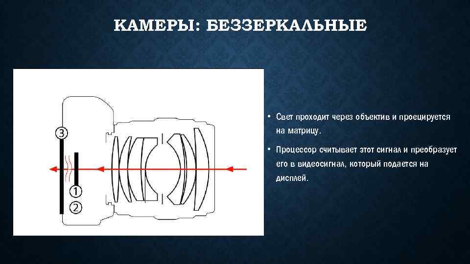 КАМЕРЫ: БЕЗЗЕРКАЛЬНЫЕ • Свет проходит через объектив и проецируется на матрицу. • Процессор считывает