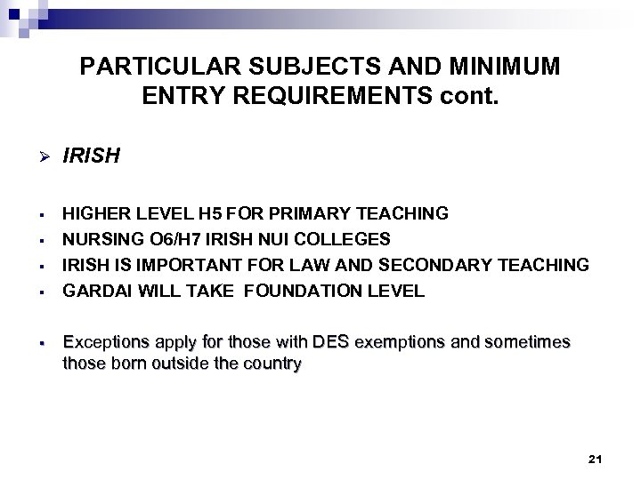 PARTICULAR SUBJECTS AND MINIMUM ENTRY REQUIREMENTS cont. Ø IRISH § HIGHER LEVEL H 5