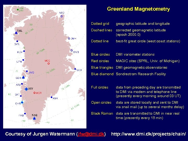 Greenland Magnetometry Dotted grid geographic latitude and longitude Dashed lines corrected geomagnetic latitude (epoch